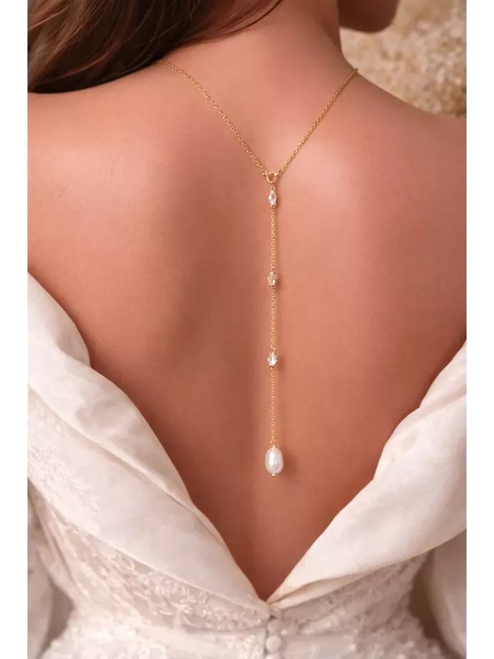 Collier de dos mariage perles d'eau – bijou de mariée élégant -Cascade de cristal