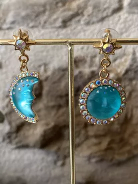 Boucles d’oreilles lune et soleil turquoise à perles – Style céleste et lumineux