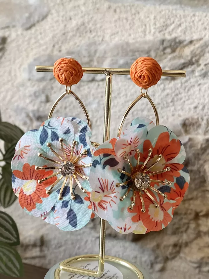 Boucles d’oreilles fleurs tissu XXL – Bijou coloré et estival