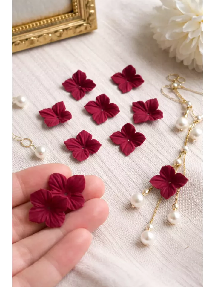 Lot de 10 fleurs d’hortensia bordeaux en porcelaine froide souple – Idéal DIY & loisirs créatifs