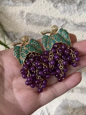 Boucles d’oreilles XXL Feuille & Grappe Doré, Vert & Prune – Inspiration Nature