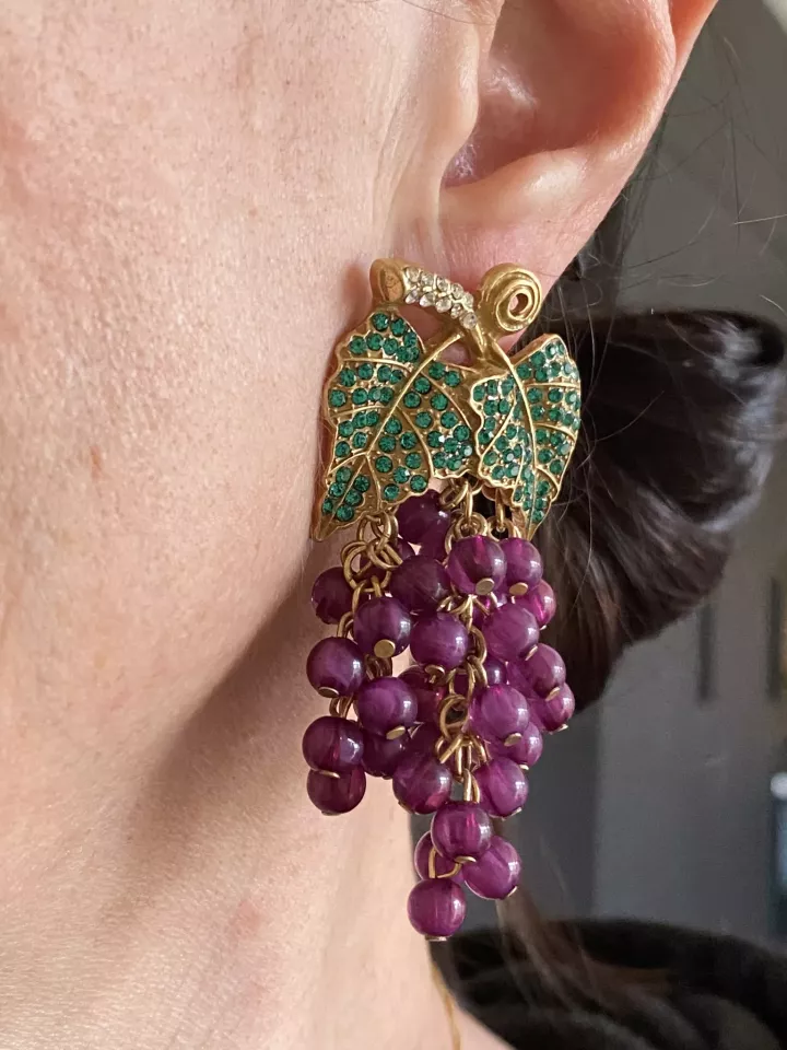 Boucles d’oreilles XXL Feuille & Grappe Doré, Vert & Prune – Inspiration Nature