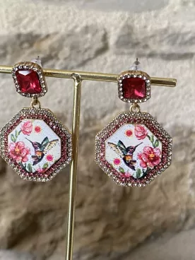 Boucles d’oreilles XXL Colibri & Fleurs Rouge & Doré – Inspiration Nature