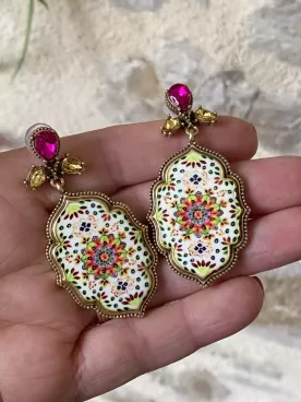 Boucles d’oreilles XXL Colibri & Fleurs Rouge & Doré – Inspiration Nature