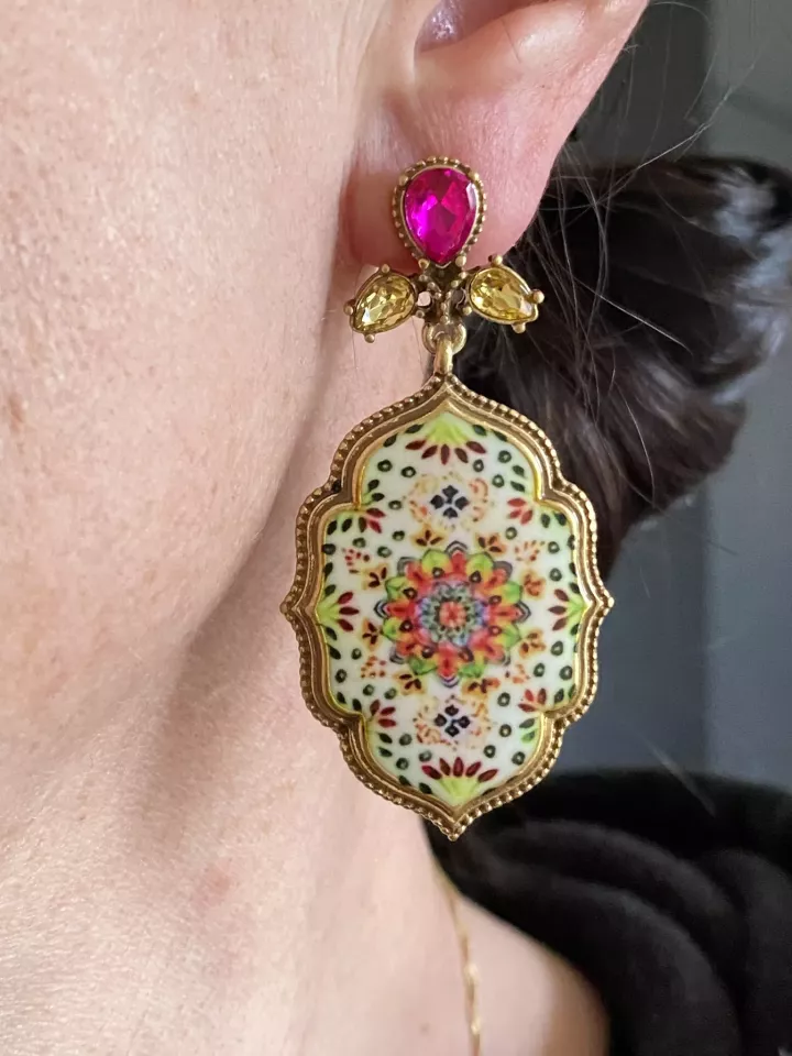 Boucles d’oreilles XXL Colibri & Fleurs Rouge & Doré – Inspiration Nature