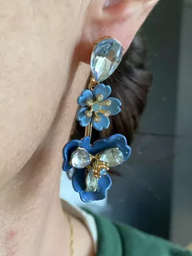 Boucles d’oreilles fleurs bleues & strass – Esprit floral chic