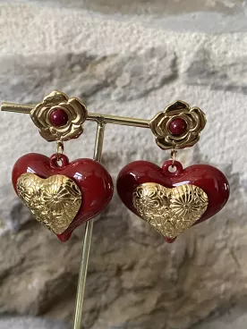 Boucles d’oreilles cœur rouge & doré – Esprit romantique chic