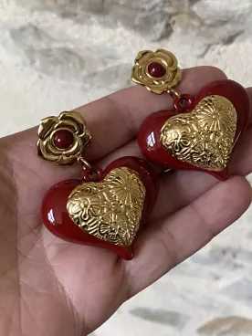 Boucles d’oreilles cœur rouge & doré – Esprit romantique chic