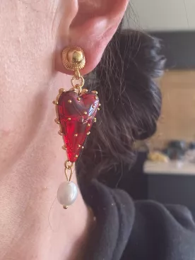 Boucles d’oreilles cœur rouge & perle – Esprit romantique chic