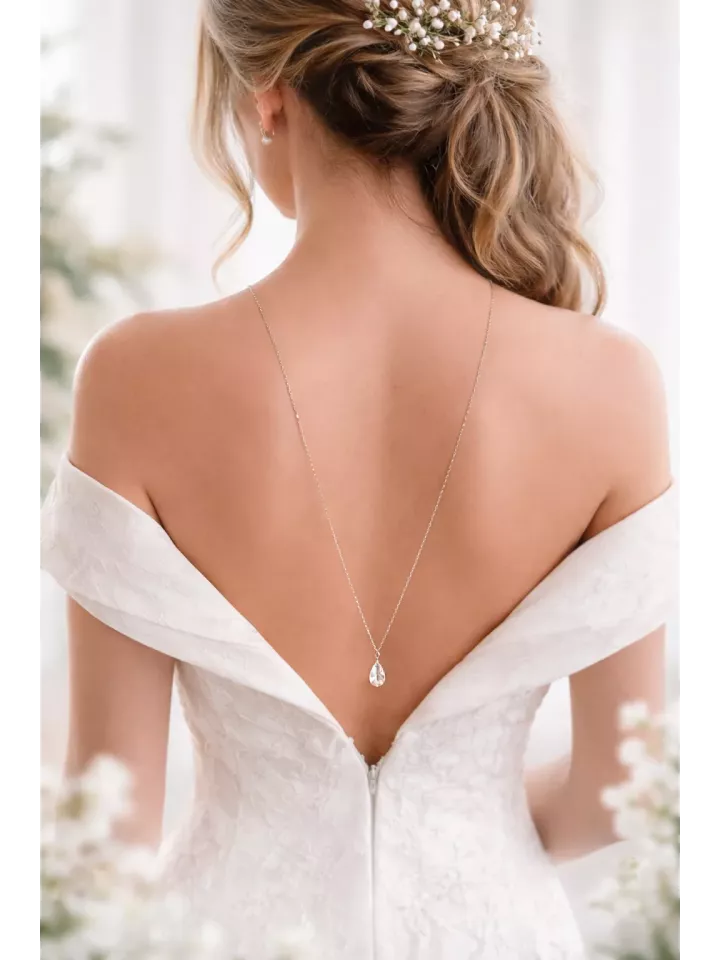 Collier de dos mariage en cristal – Bijou dos nu élégant pour mariée-Goutte de Lumière