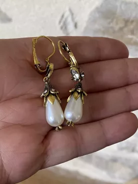 Boucles d’oreilles mariage perle goutte – Bijou vintage doré élégant pour mariée