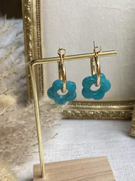 Boucles d’oreilles créoles fleur turquoise  – Tendance chic et originale