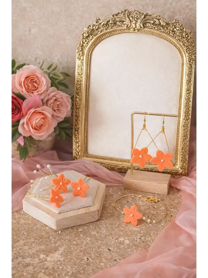 Set Corail Solaire – Bijoux mariage colorés faits main – Bracelet, boucles & pics cheveux