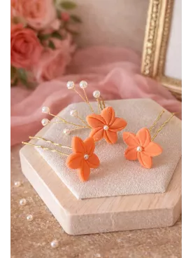 Set Corail Solaire – Bijoux mariage colorés faits main – Bracelet, boucles & pics cheveux