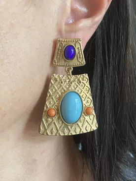 Boucles d’oreilles XXL dorées turquoise et violettes – bijou élégant et audacieux
