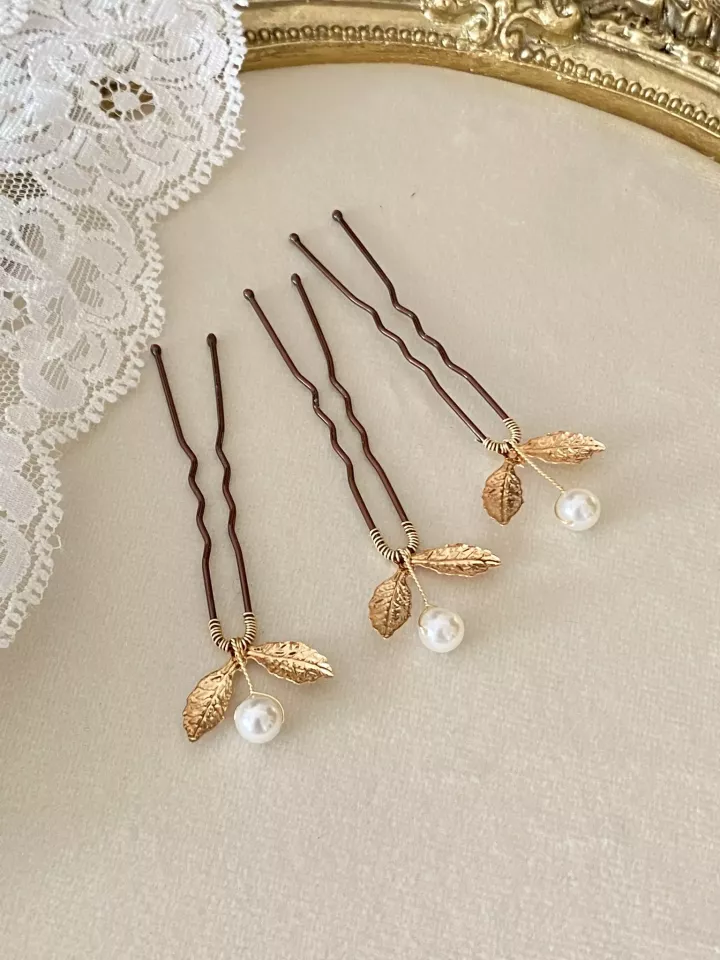 Pics Cheveux Mariée Feuilles de Perle Dorées – Accessoire Coiffure Mariage Élégant