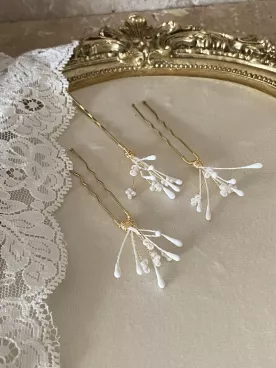 Pics Cheveux Mariée Gypsophile Doré – Accessoire Coiffure Mariage Perles Élégant