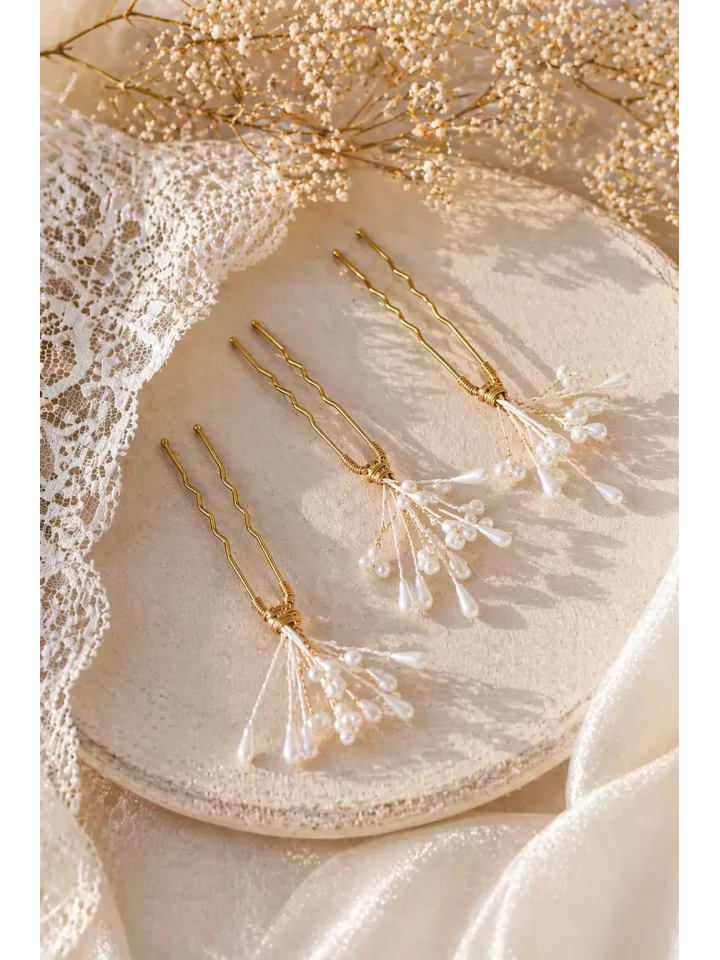 Pics Cheveux Mariée Gypsophile Doré – Accessoire Coiffure Mariage Perles Élégant