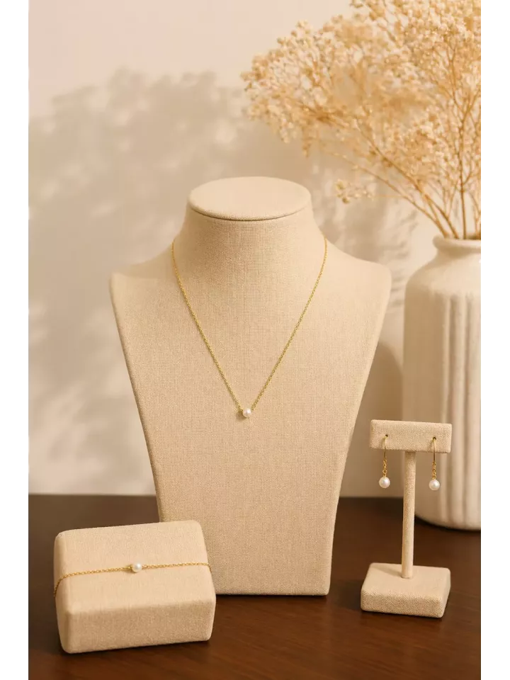 Parure Mariée Perlina – Collier, Bracelet & Boucles en Perle Fine Dorée | Élégance Minimaliste