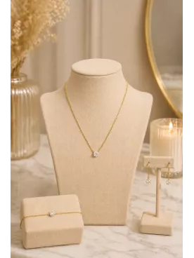 Parure Mariée Luméa – Collier, Bracelet & Boucles Swarovski Dorés | Élégance Pure et Lumineuse