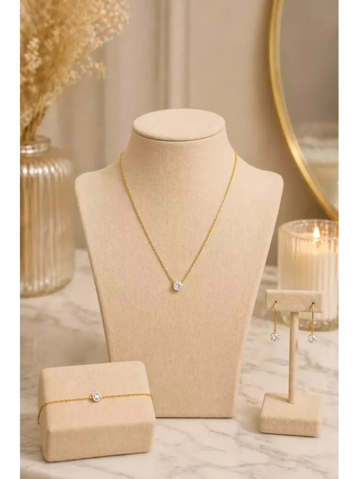 Parure Mariée Luméa – Collier, Bracelet & Boucles Swarovski Dorés | Élégance Pure et Lumineuse