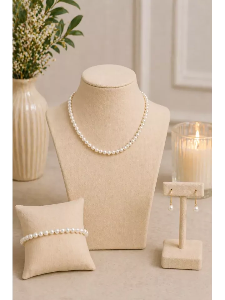 Parure Clara – Collier, Bracelet & Boucles en Perles 5 mm | Bijoux Mariée Élégants et Intemporels