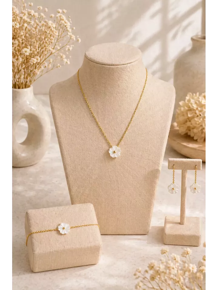 Parure Nacéline – Collier, Bracelet & Boucles Fleur en Nacre 14 mm | Bijoux Mariée Élégants et Raffinés