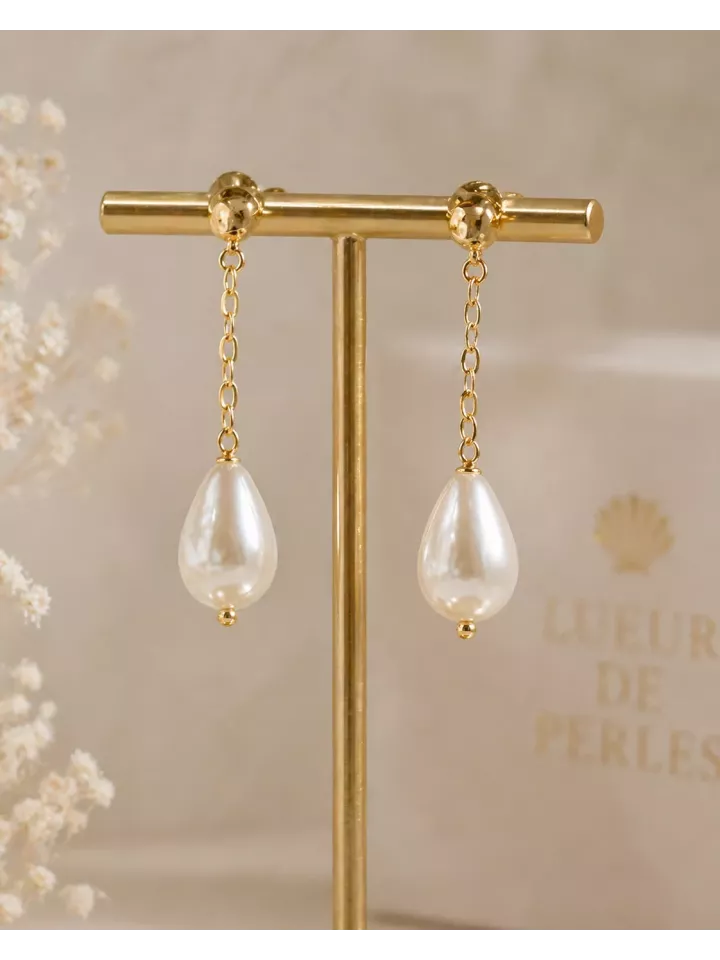 Boucles d’Oreilles Mariée Goutte Nacrée Dorées Élégantes & Raffinées – Nacélya