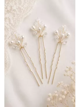 Pics à Cheveux Mariée Perles & Cristaux Dorés – Accessoire Chignon Élégant – Rosée Céleste