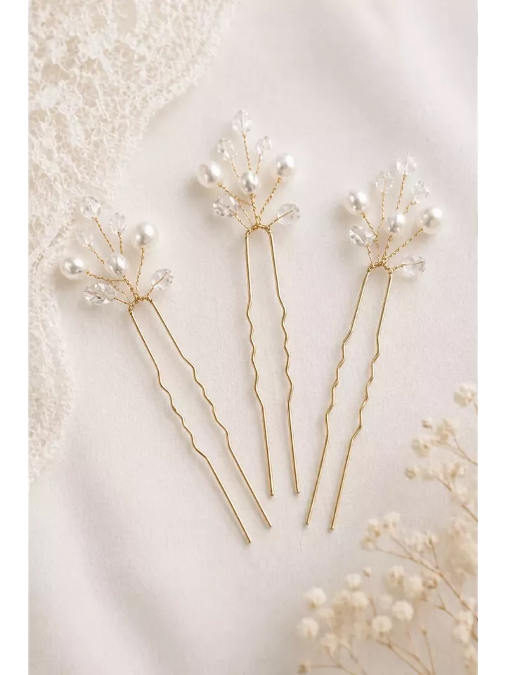 Pics à Cheveux Mariée Perles & Cristaux Dorés – Accessoire Chignon Élégant – Rosée Céleste