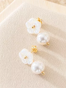Boucles d’Oreilles Mariée Fleur Nacrée & Perle – Élégance Romantique Dorée- Éclora