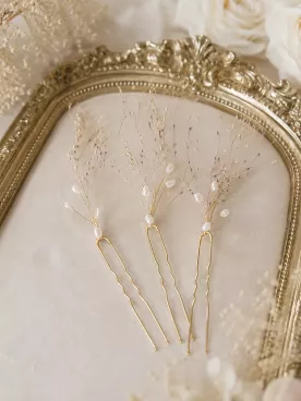 Pics à cheveux mariage Rosée Dorée – perles d’eau et branches dorées, coiffure mariée élégante