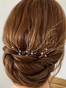 Pics à cheveux mariage Rosée Dorée – perles d’eau et branches dorées, coiffure mariée élégante