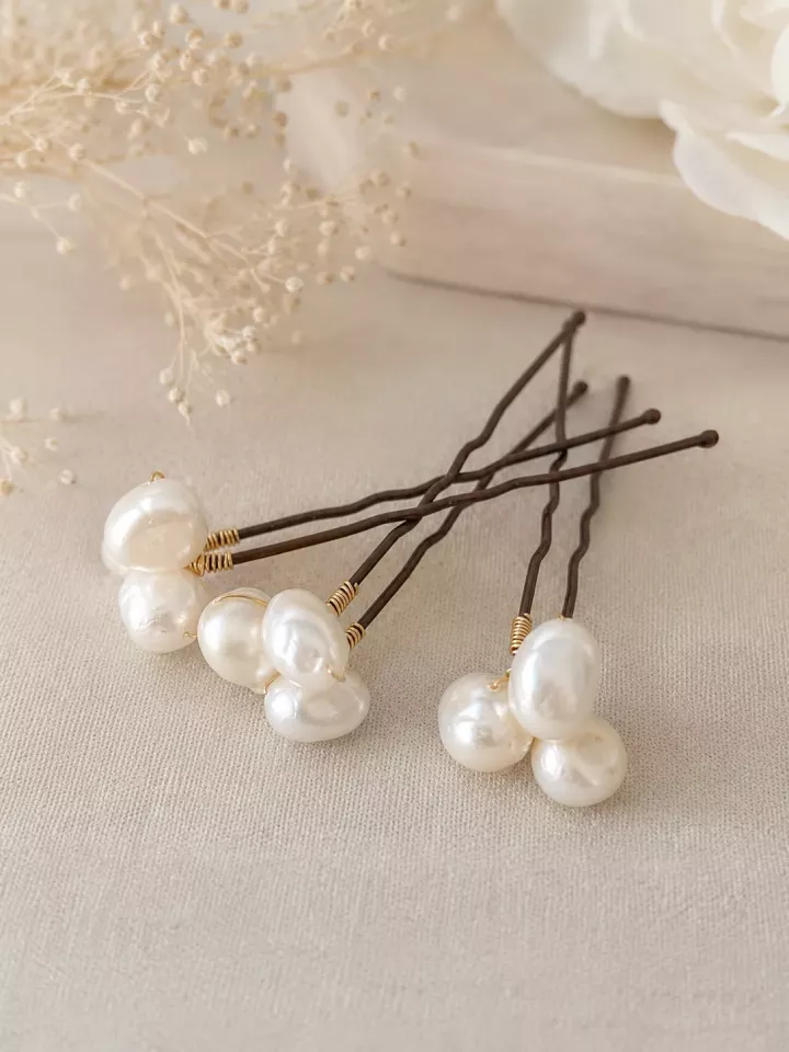 Pics à Cheveux Mariée Alba – Perles d’Eau Douce Naturelles | Accessoire Chignon Mariage Bohème Chic Or & Ivoire