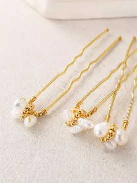 Pics à Cheveux Mariée Auréa – Perles d’Eau Douce Naturelles & Finition Dorée | Accessoire Chignon Mariage Bohème Chic
