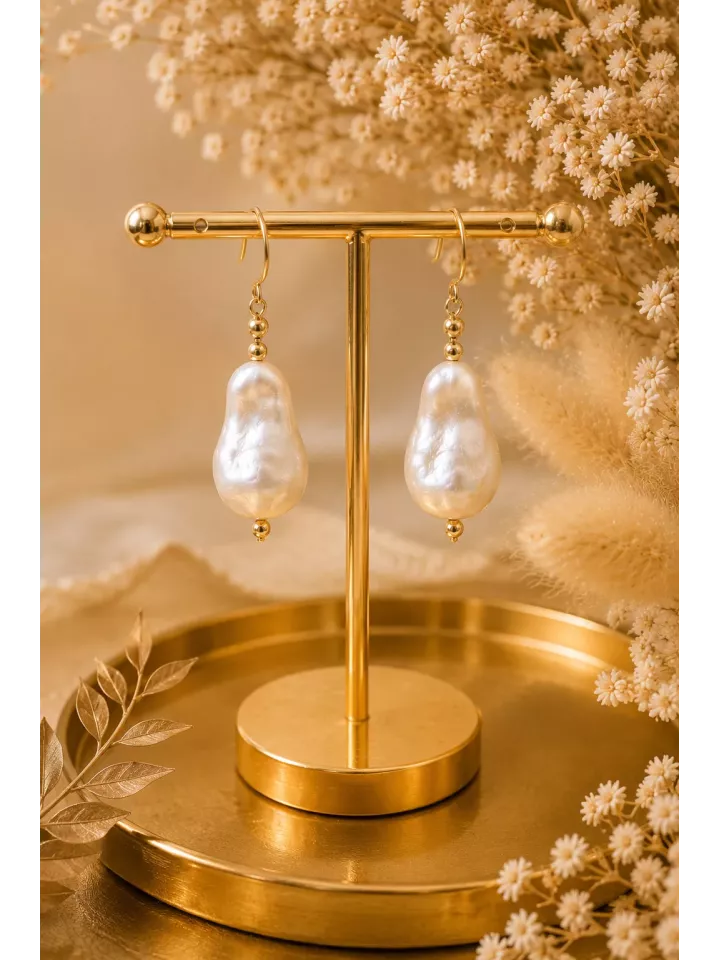 Boucles d’Oreilles Mariée Perles Baroques Dorées – Baroque Nacré