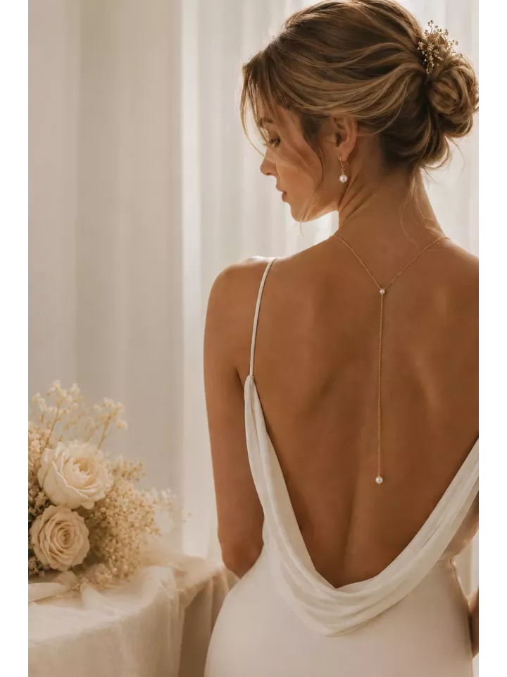Collier de Dos Mariée Élina – Chaîne Fine & Perles Facettées Aimantées