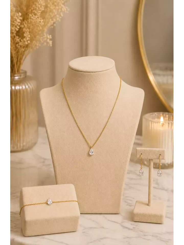 Parure Mariée Élodie – Collier, Bracelet & Boucles d’Oreilles Goutte Cristal – Chaîne Fine Dorée