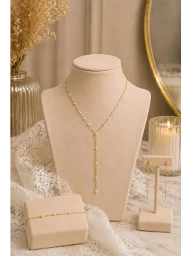 Parure Mariée Rosalie – Collier Y, Bracelet & Boucles en Perles Fines Dorées