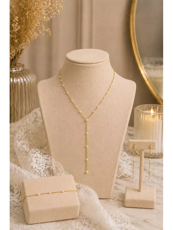 Parure Mariée Rosalie – Collier Y, Bracelet & Boucles en Perles Fines Dorées