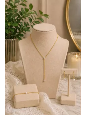 Parure Mariée Anaëlle – Collier Y & Perles Fines Dorées – Bijoux Mariage Élégants