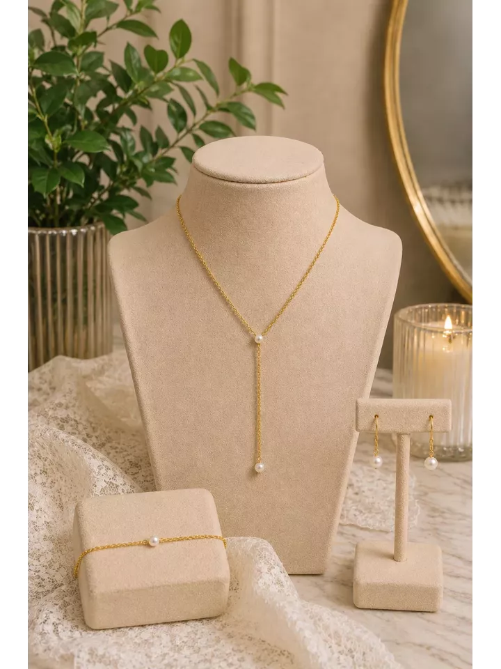 Parure Mariée Anaëlle – Collier Y & Perles Fines Dorées – Bijoux Mariage Élégants
