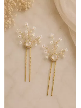 Pics à Cheveux Mariée Auréa – Perles d’Eau Douce Naturelles & Finition Dorée | Accessoire Chignon Mariage Bohème Chic