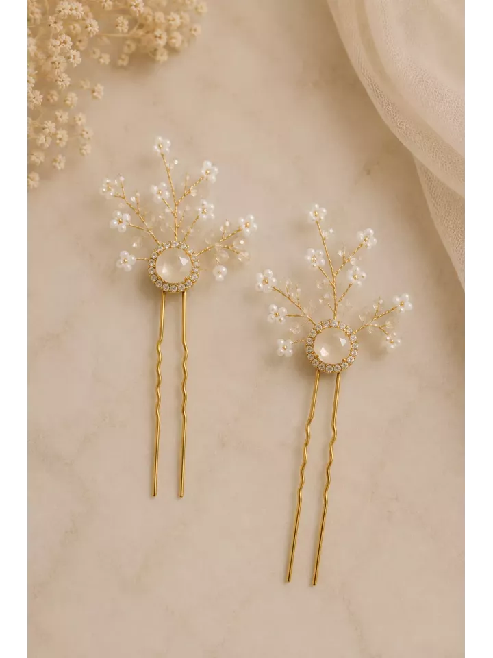 Pics à Cheveux Mariée Auréa – Perles d’Eau Douce Naturelles & Finition Dorée | Accessoire Chignon Mariage Bohème Chic