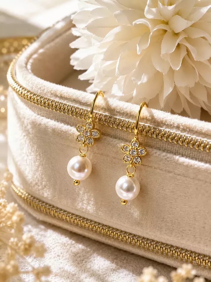 Boucles d’oreilles fleur dorées à l’or fin et oxydes de zirconium pour mariée – Florelle
