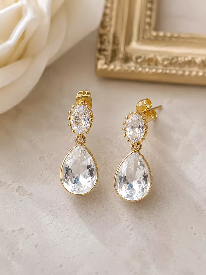 Boucles d’oreilles mariée goutte cristal doré Naïade