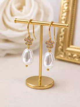 Boucles d’oreilles mariée perle fleur doré goutte nacrée - Élia