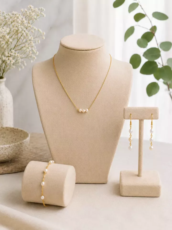 Parure Mariée Ivoire Ivoélia – Collier, Bracelet et Boucles d’Oreilles en Perles Nacrées Dorées
