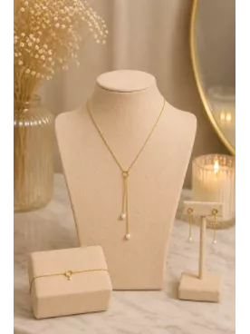 Parure Mariée Lyséline – Collier Y Perles Nacrées & Acier Inoxydable Doré