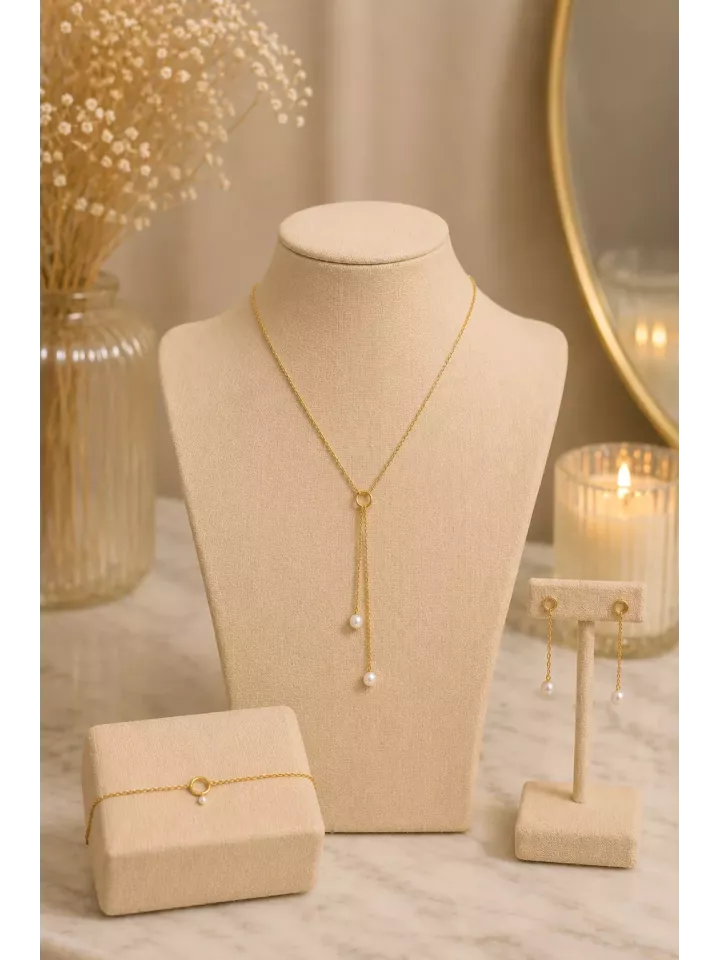 Parure Mariée Lyséline – Collier Y Perles Nacrées & Acier Inoxydable Doré